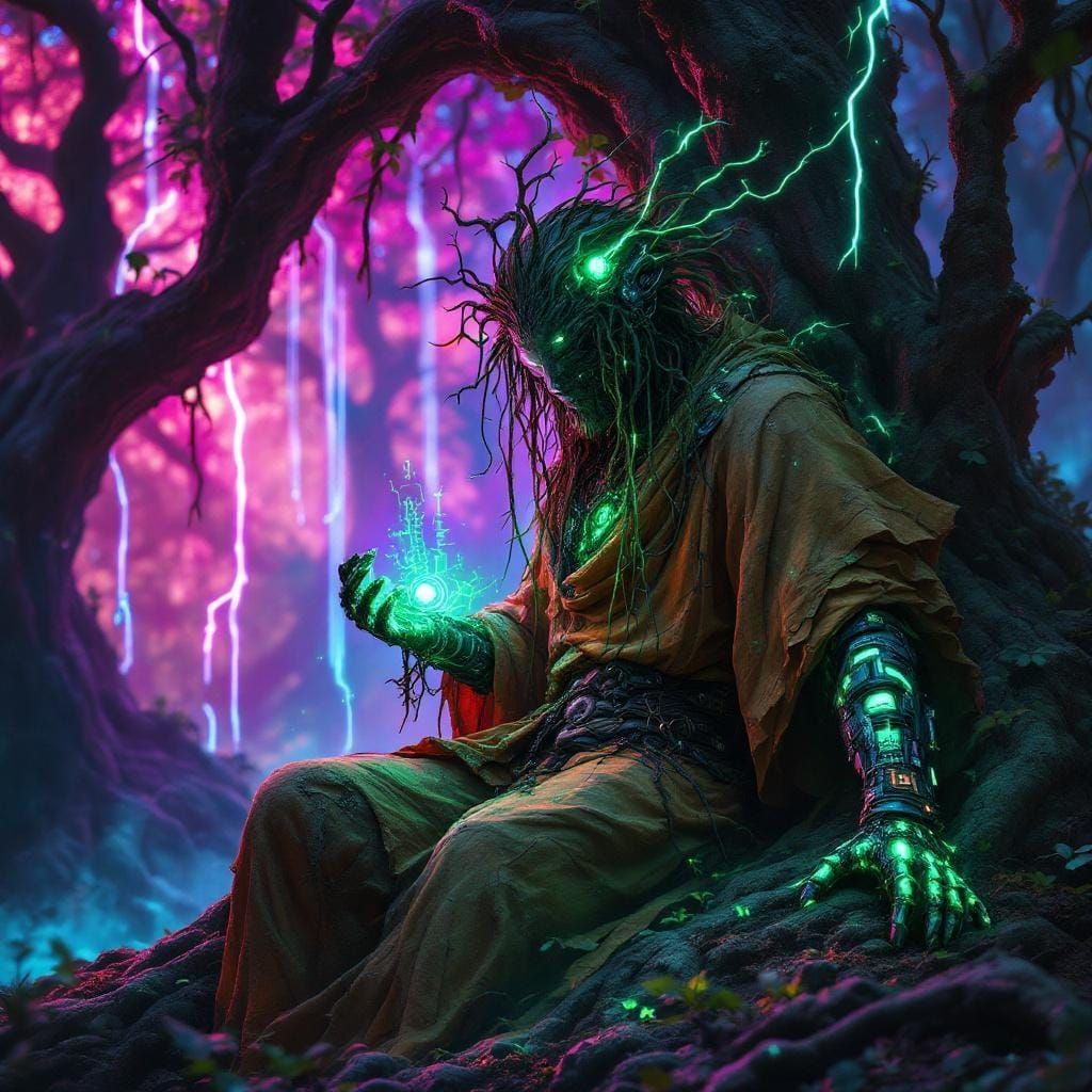 Cyberpunk Druid in Neon Forest with Biomechanical Implants