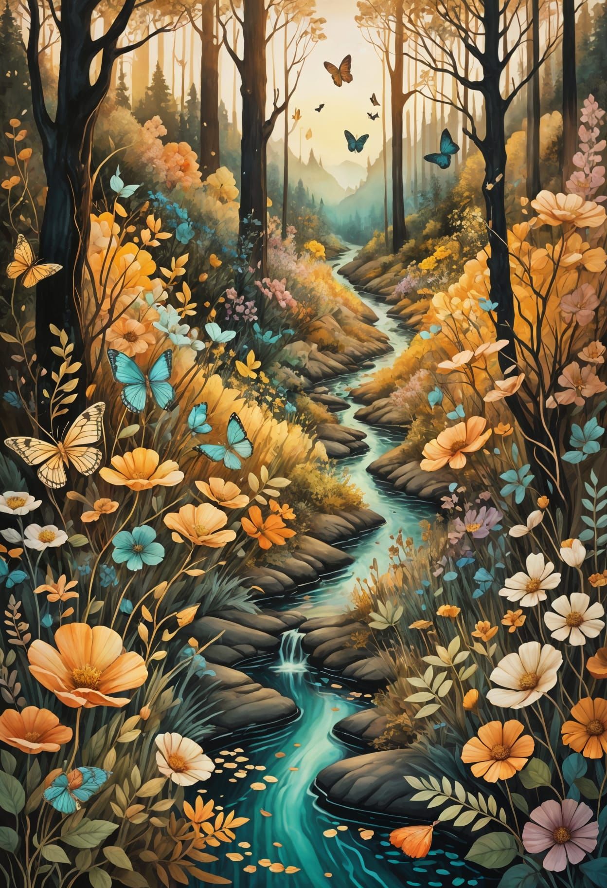 Golden Hour Forest Pathway with Butterflies