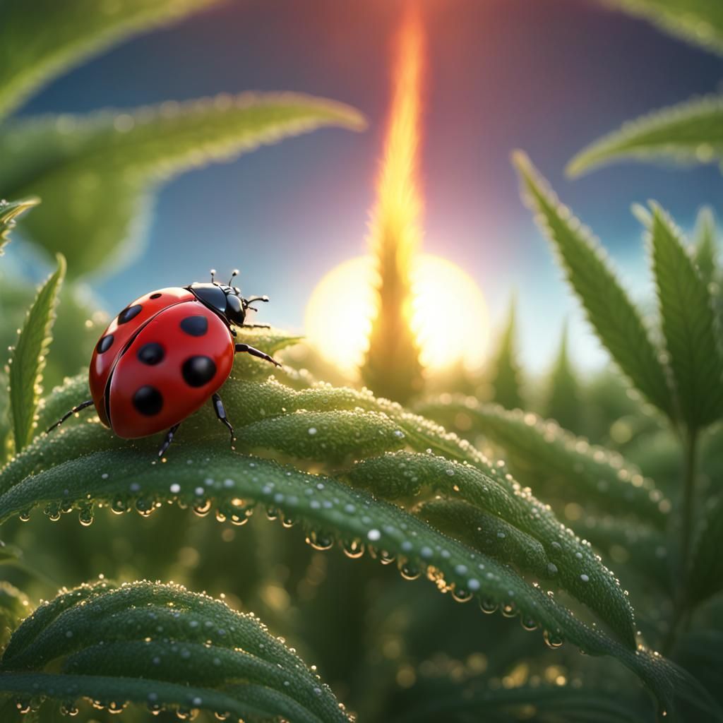 Ladybug Sunbathing on Marijuana Leaf at Sunrise