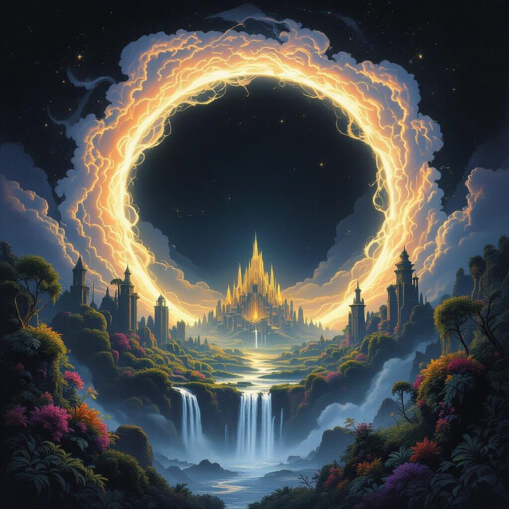 Fantasy Landscape Framed by Luminous Clouds