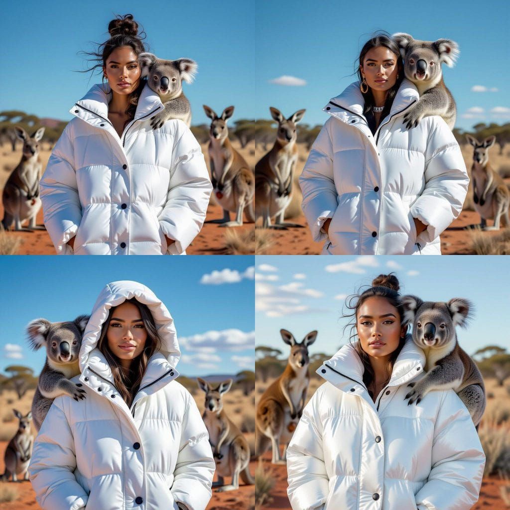 An aboriginal women wearing a long bright shiny white puffer...