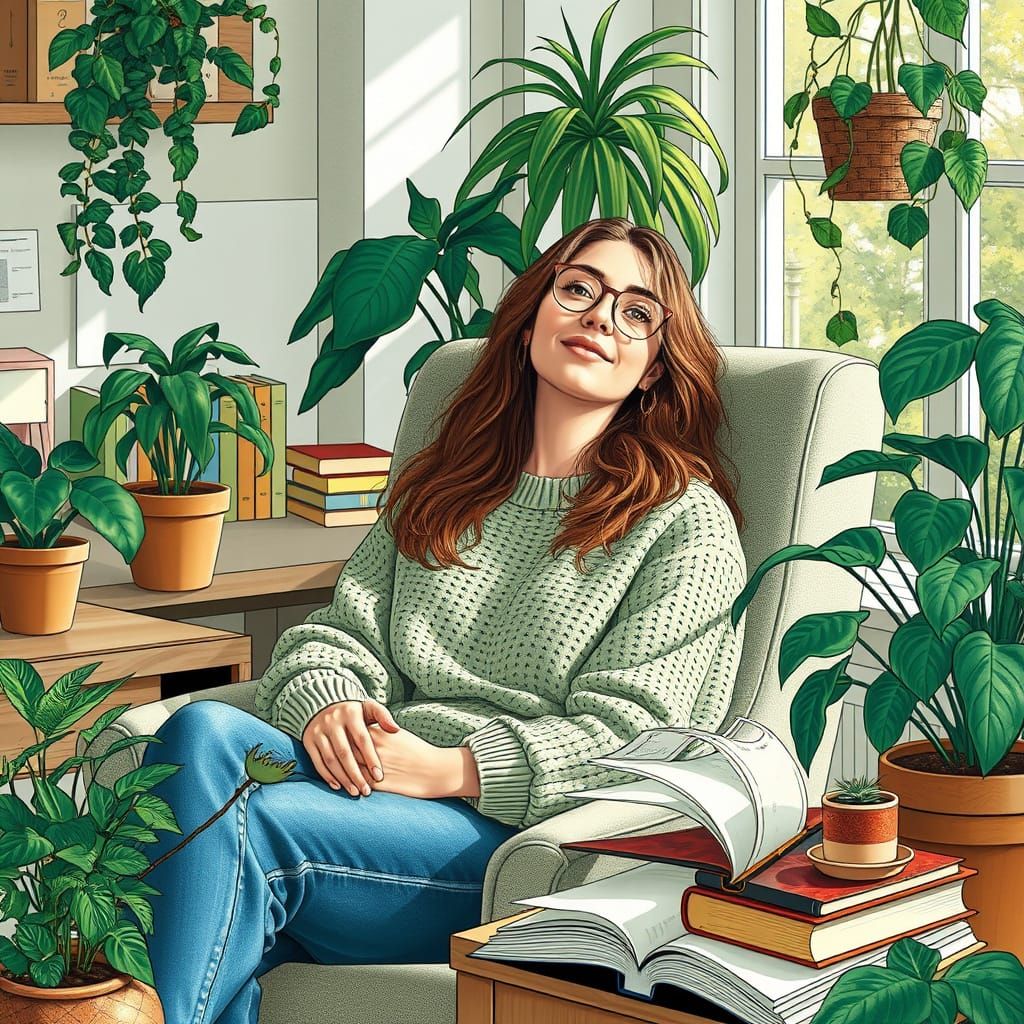 Cozy Workspace with Woman, Plants, and Books in Mixed-Media ...