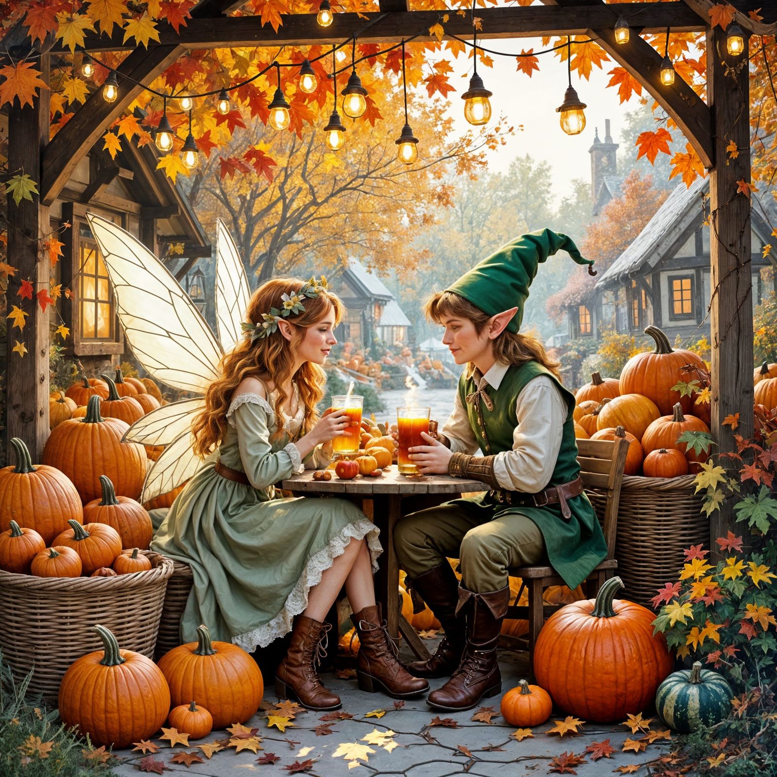Fairies and Elves Enjoying Cider at Market