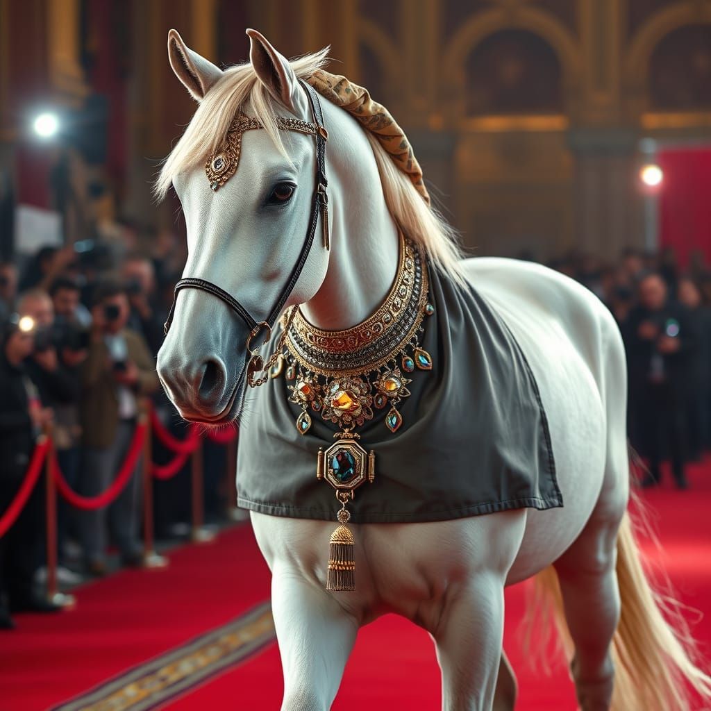 Regal Arabian Mare on Red Carpet in Opulent Splendor