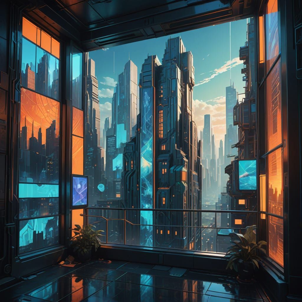 Hyperdetailed Cityscape Reflection in Vibrant Triadic Colors