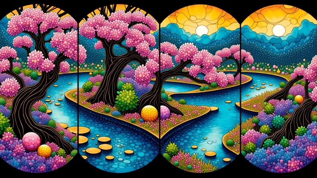 Kinetic Sculpture Garden with Cherry Blossoms and Orrery