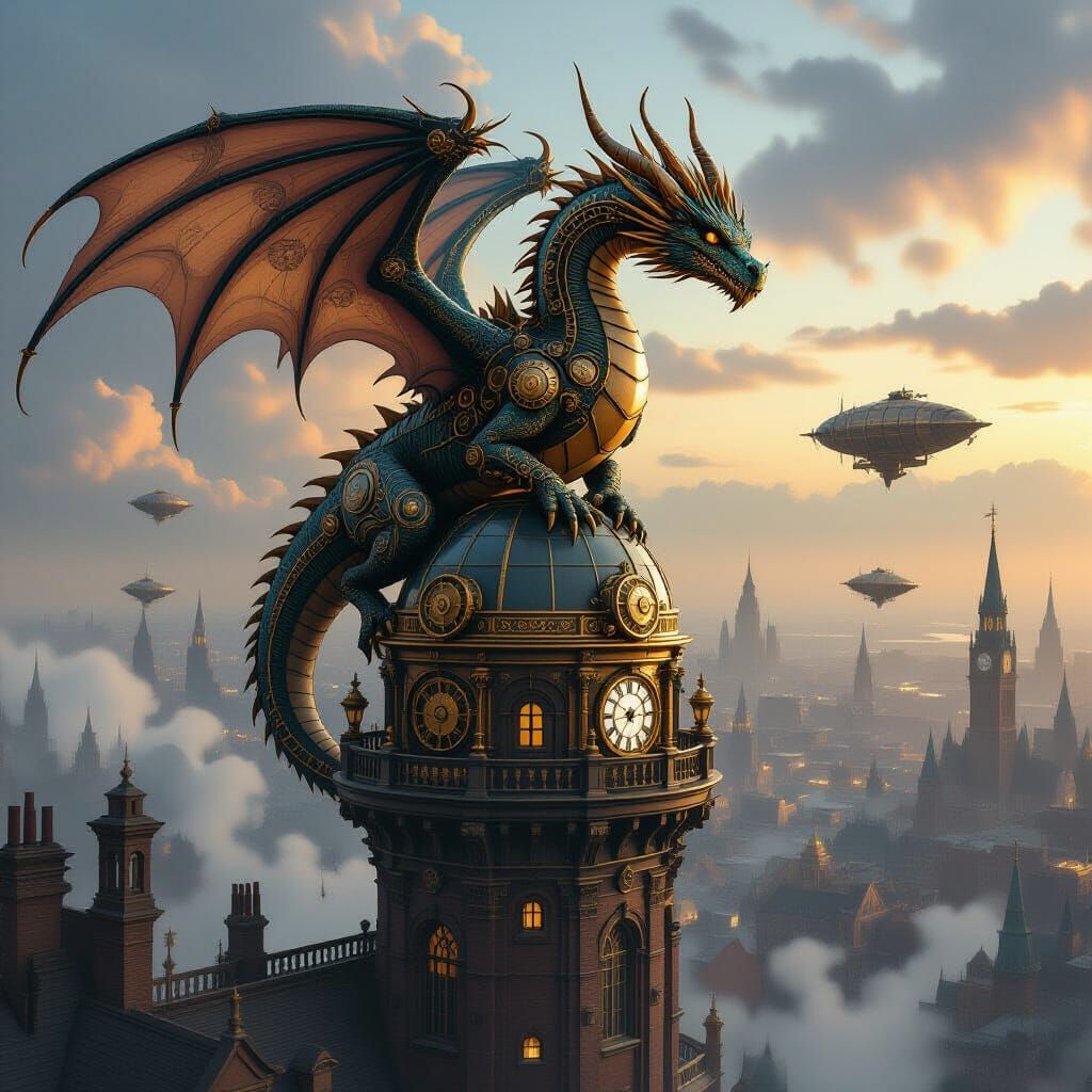 Steampunk Dragon on Victorian Observatory in Smoggy Cityscap...