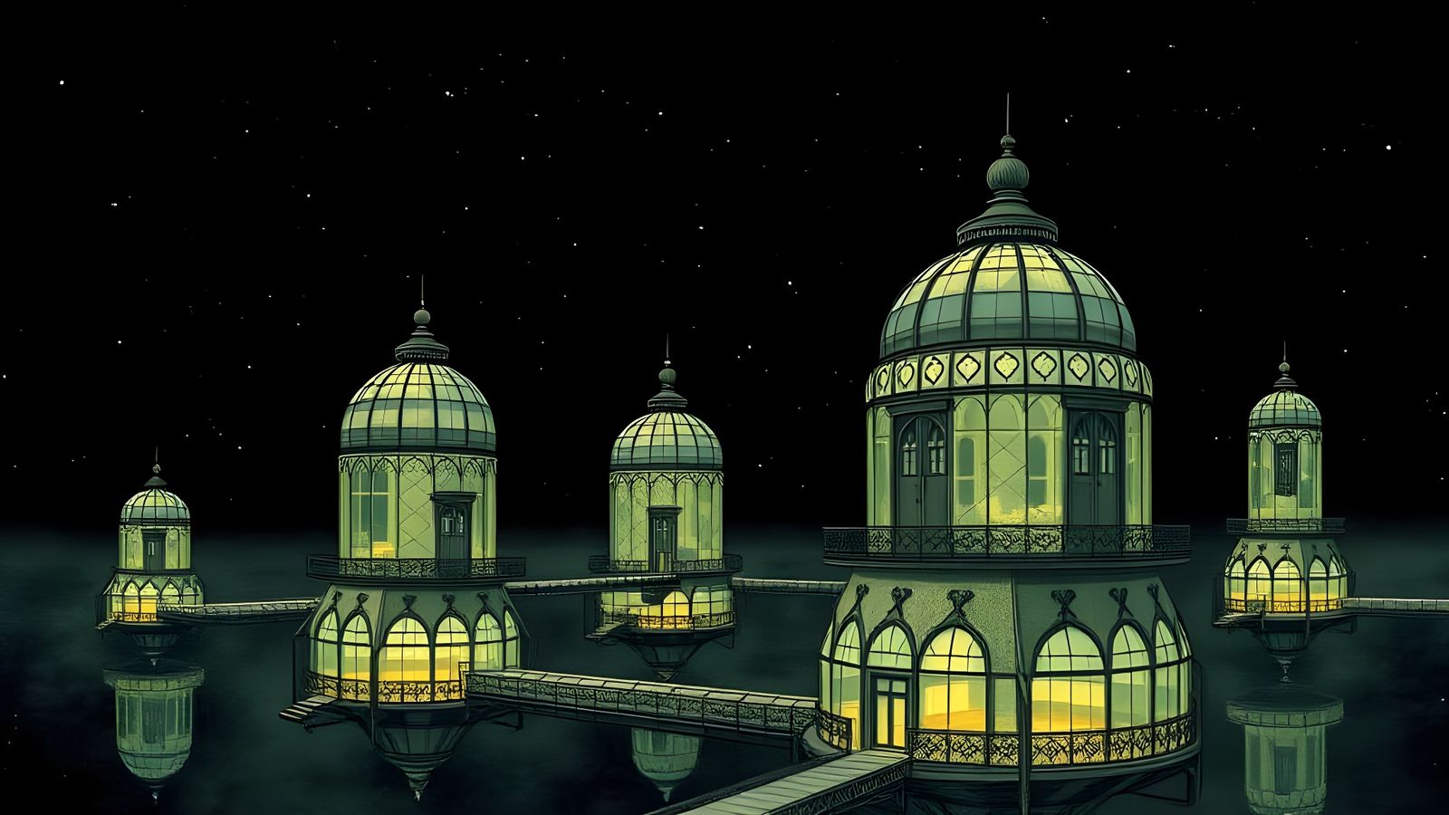 Luminescent Steampunk Greenhouses Floating in Space