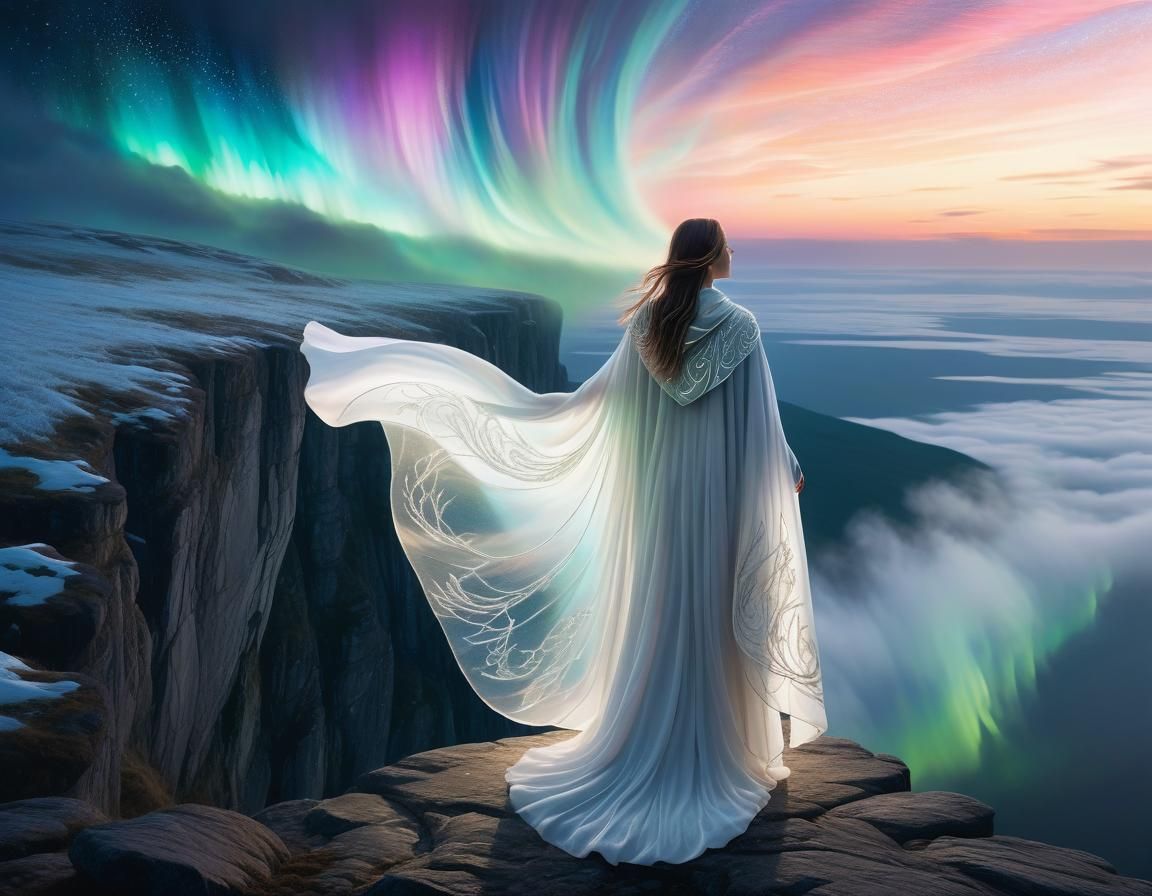 Woman at Cliff's Edge Under Aurora Borealis