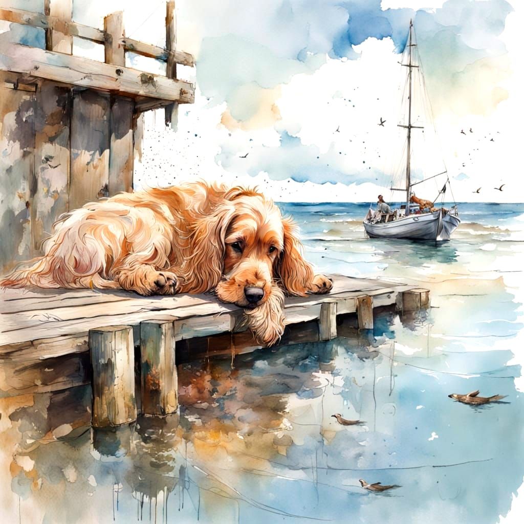 Peaceful Golden Cocker Spaniel Napping on Dock in Watercolor