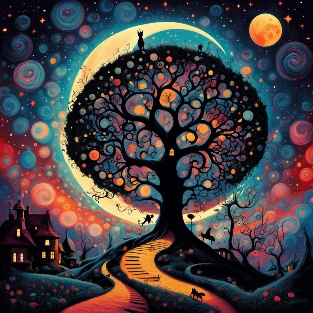 Surreal Starry Nightscape with Cheshire Cat in Collage Art