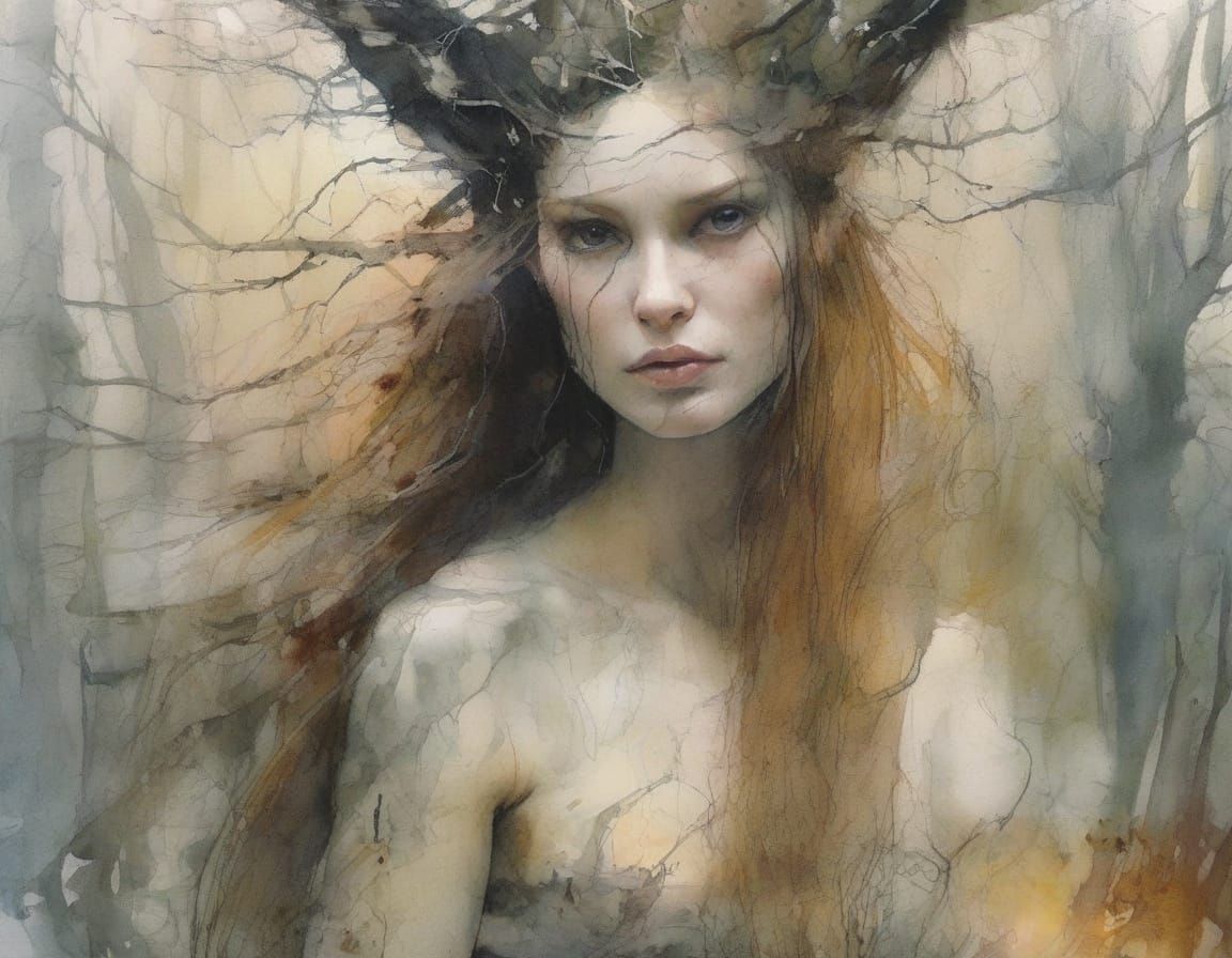 Melancholic Witch Portrait in Haunted Forest, Watercolor Art