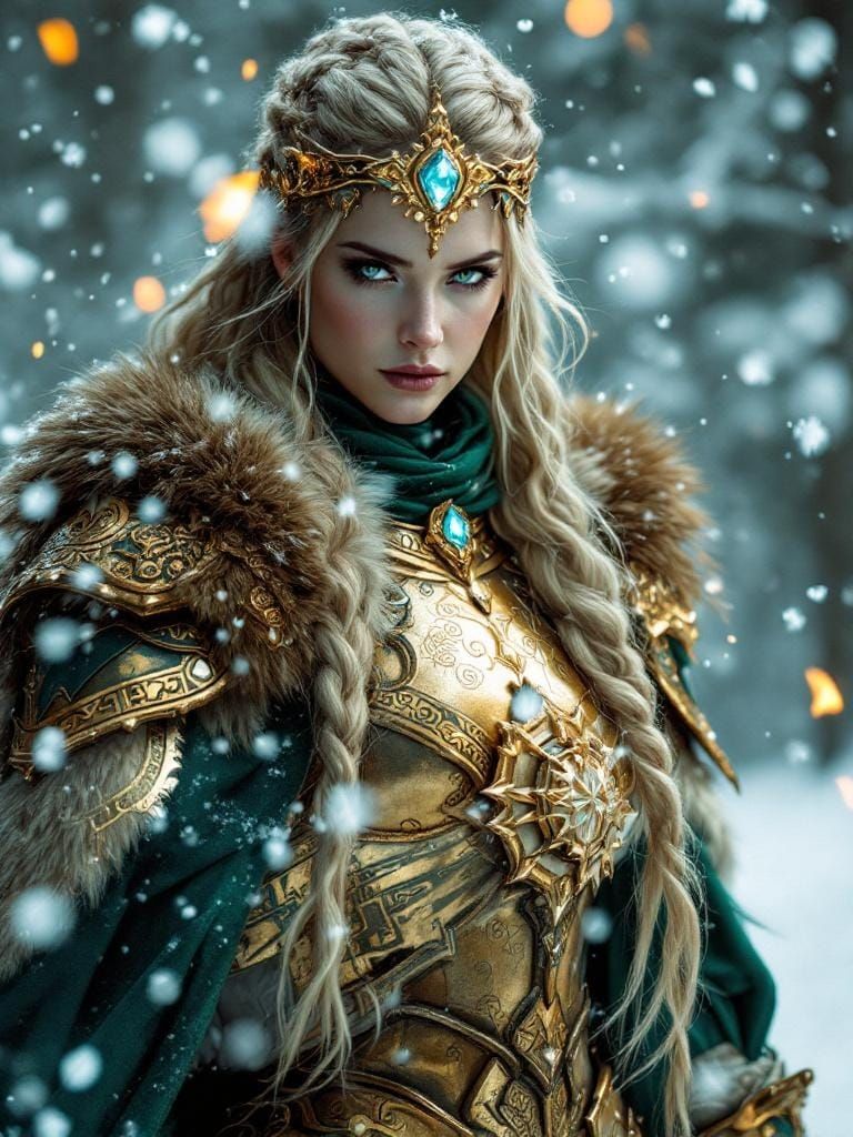 Golden Warrior Queen in Mythpunk Snowfall