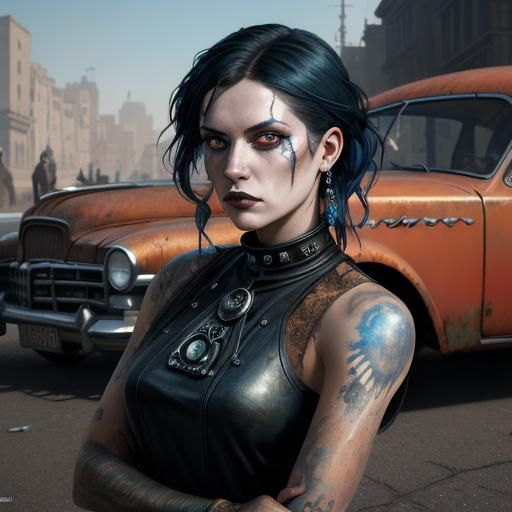 Goth Model by Car in Hyperdetailed Splash Art Style