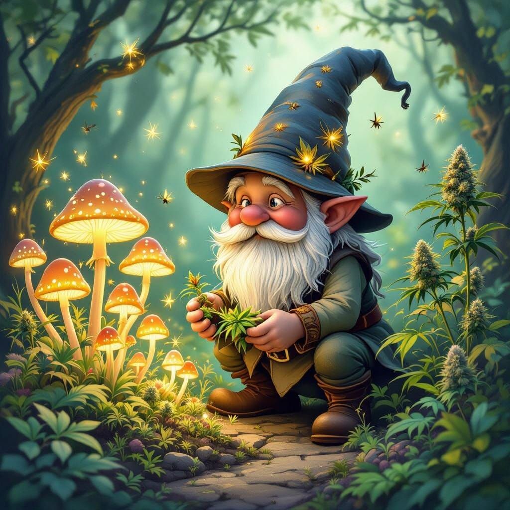 Whimsical Gnome Tending to Glowing Mushrooms in Enchanted Ga...