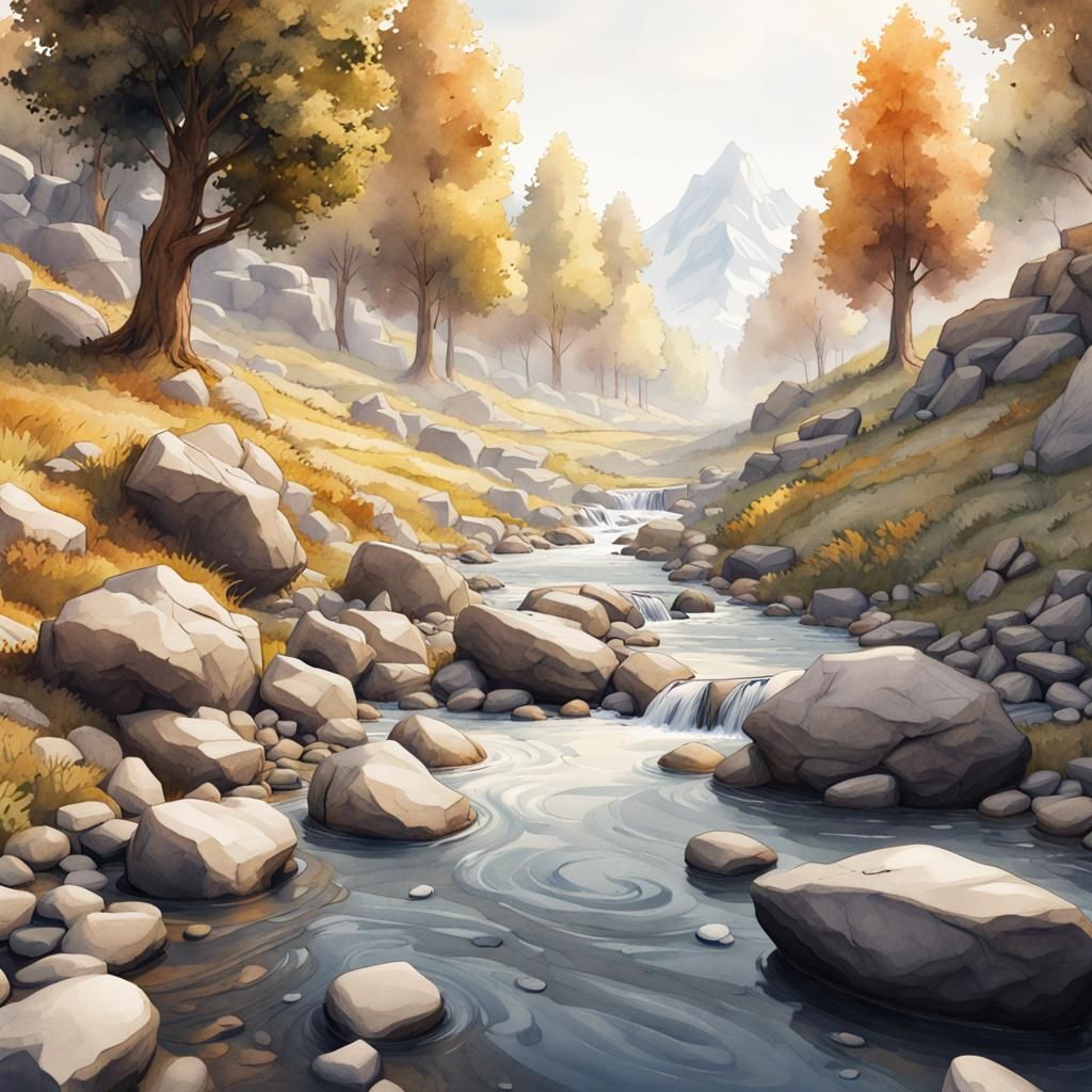 Watercolor Stream with Fish and Stones