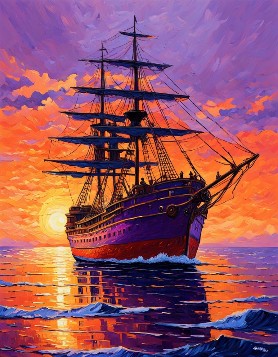 Sunset Ship: A Neo-Impressionist Oil Painting