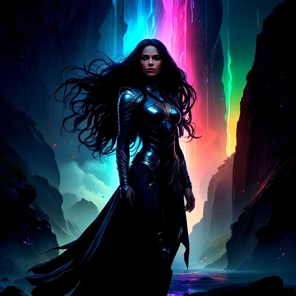 Sapphire-Eyed Woman Amidst Synthwave Aurora