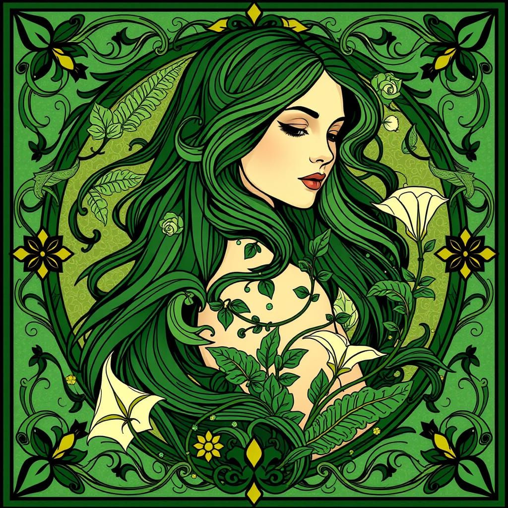 Art Nouveau Portrait of Woman Amidst Greenery