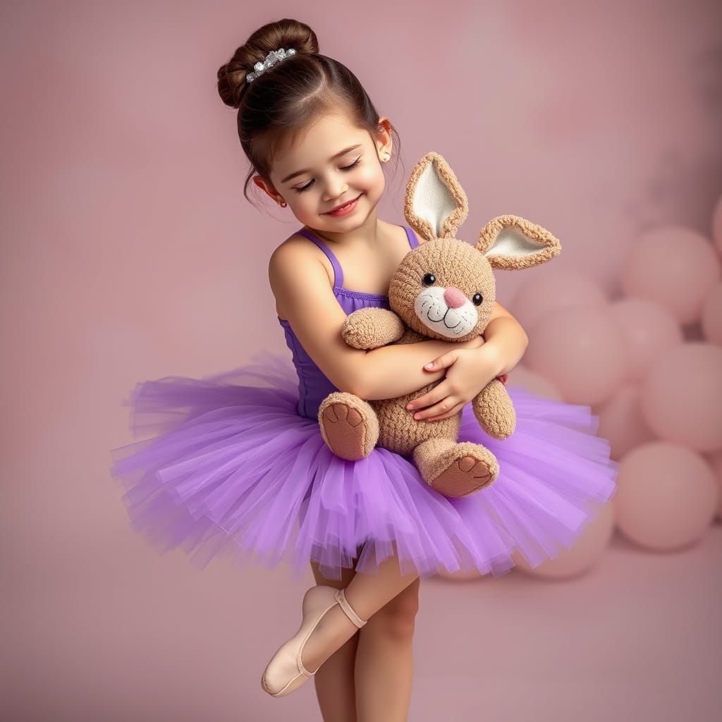 Ballerina in Whimsical Embrace with Plush Bunny