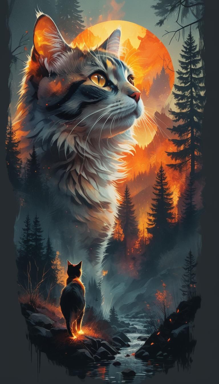 A cat stands at the edge of a small river, surrounded by a f...