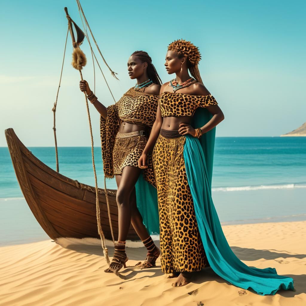 Viking Women Pulling Longboat onto African Shore