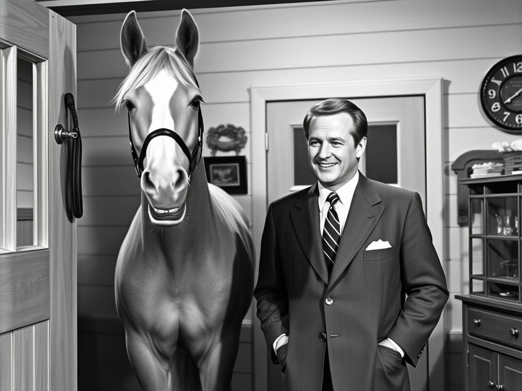 Mister Ed Sitcom Scene in Retro Black and White