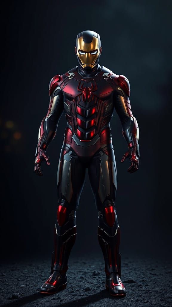 Ironman Wears Spiderman Suit in Dark Cinematic Scene