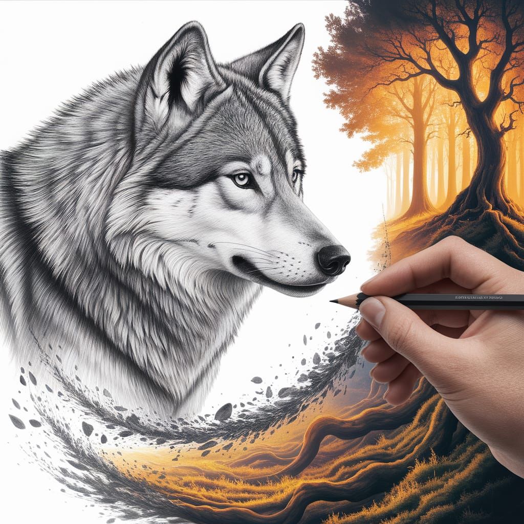 Wolf Drawing Transforms into Enchanted Forest in Graphite Ar...