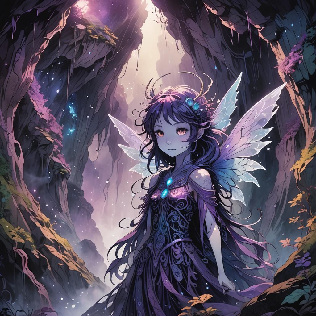 Dark Fantasy Fairy in Mystical Anime Cave