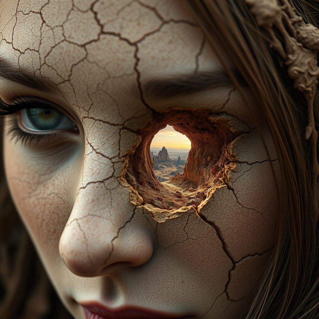 Mystical Earth Goddess with Intricate Fractal Cracks in Unre...