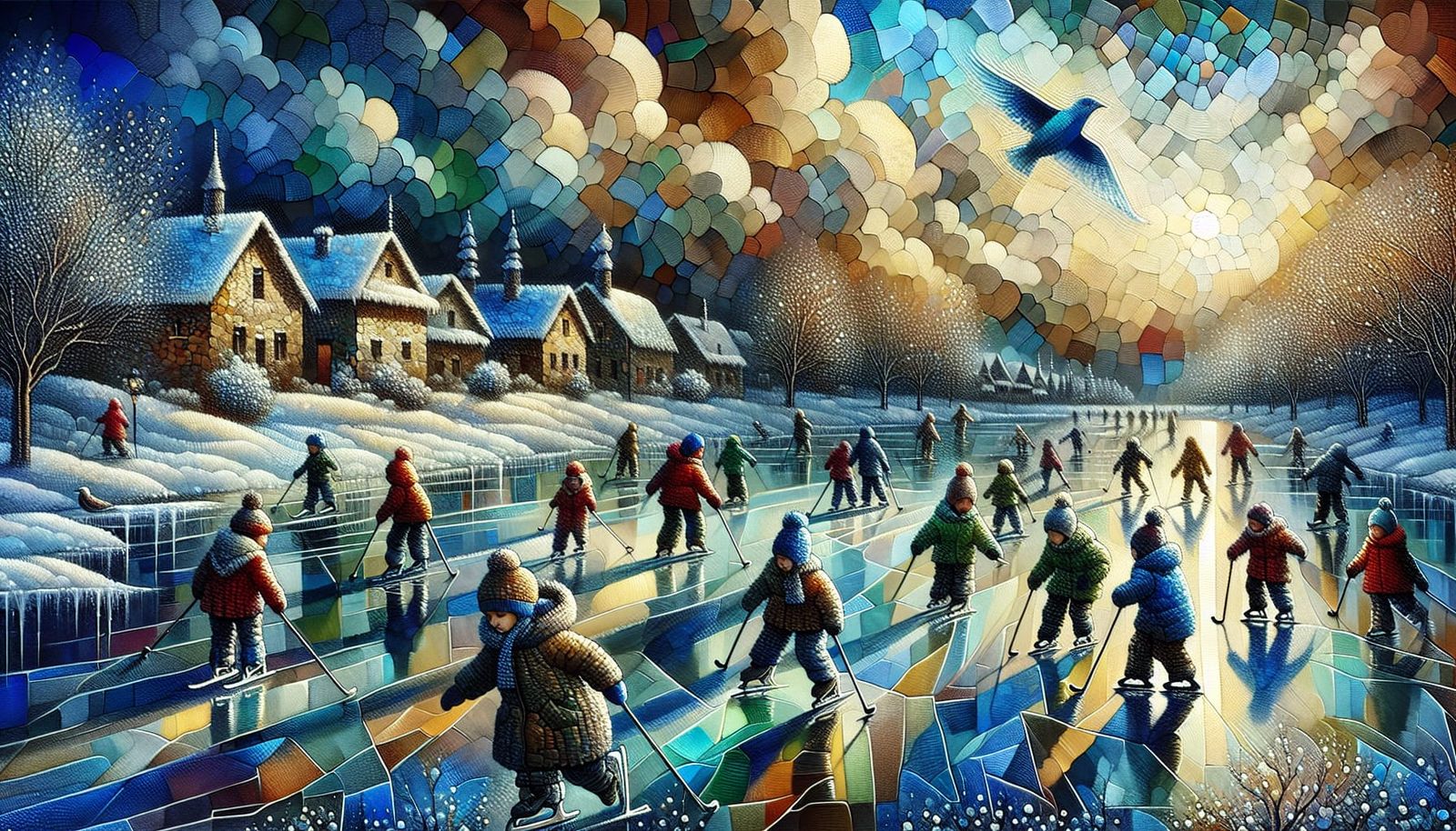 Abstract Winter Landscape with Children Skating