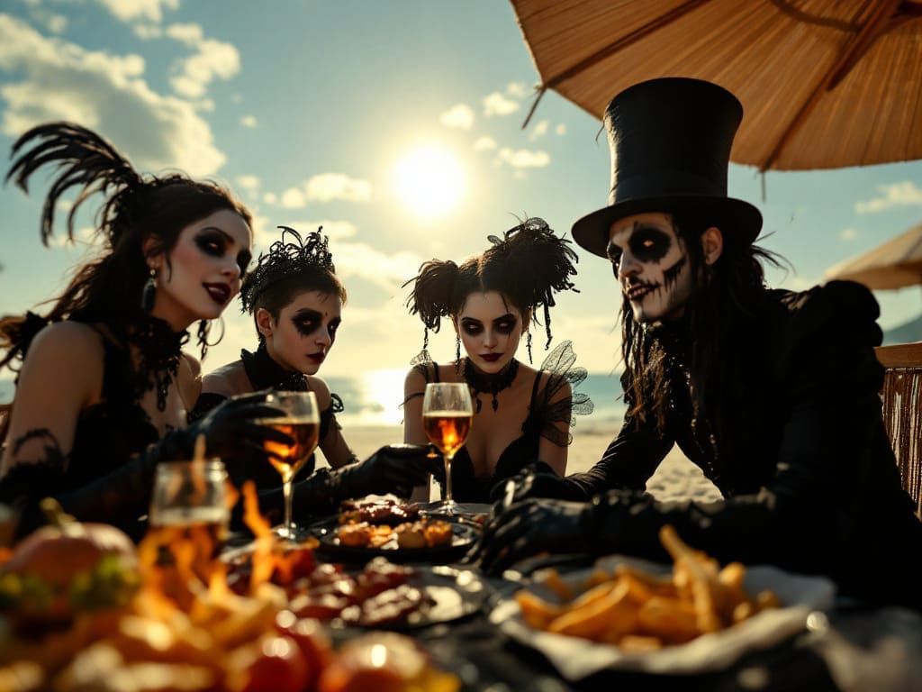 Gothic Family Enjoys Beach Barbeque in Bright Sunshine