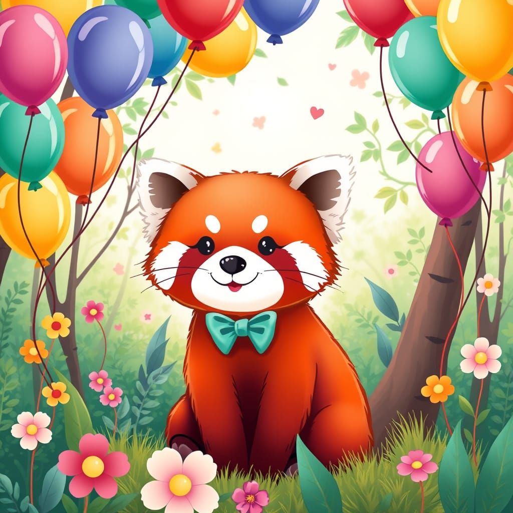 Kawaii Red Panda with Balloons in Pastel Colors