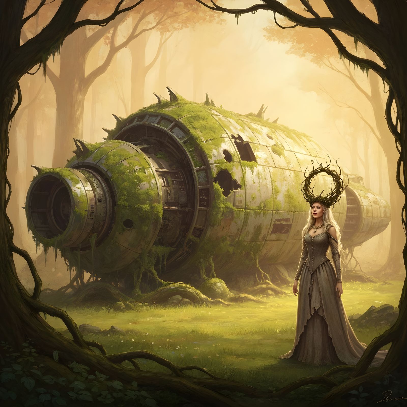 Mossy Spaceship in Forest Clearing with Queen