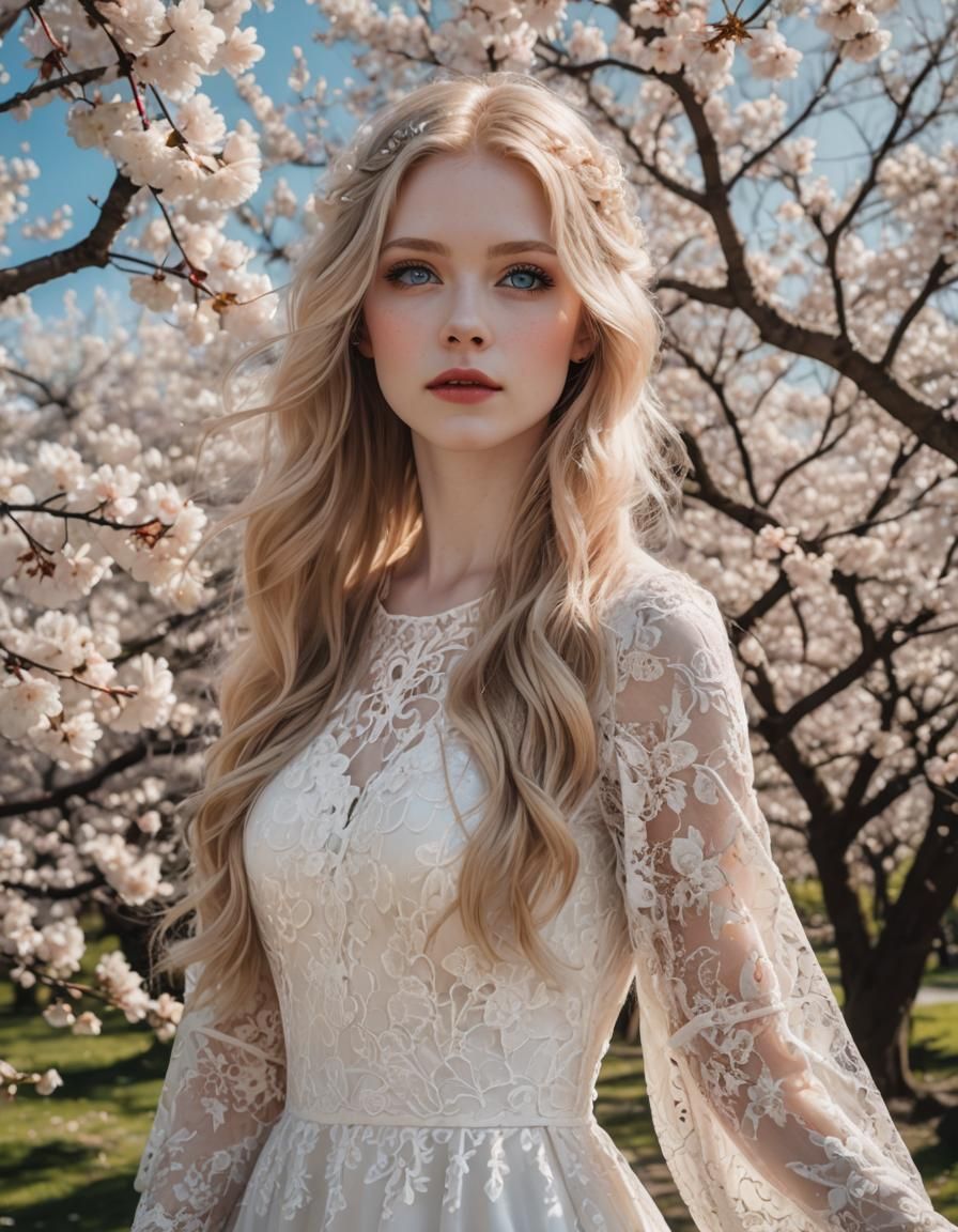 Blonde Girl in Lace Dress With Cherry Blossoms
