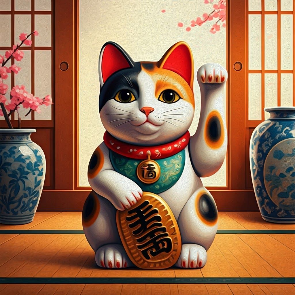 Calico Cat Figurine as Maneki-neko in Gouache and Watercolor