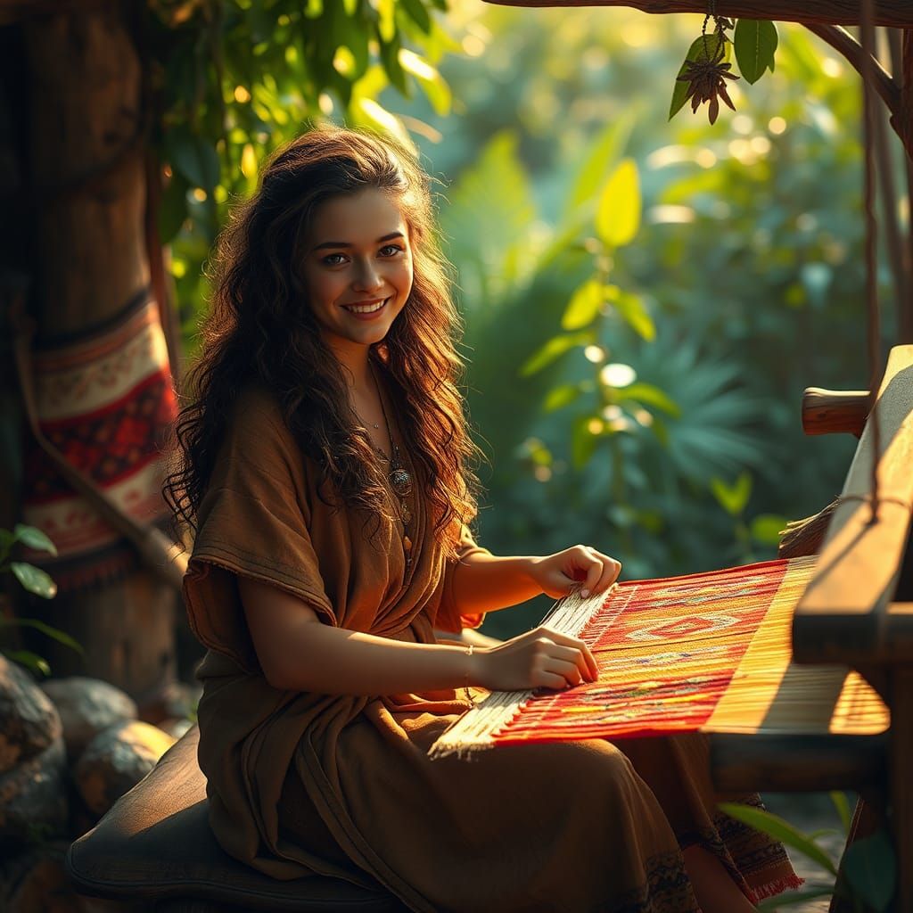 Woman Weaving Blanket in Lush, Golden Light