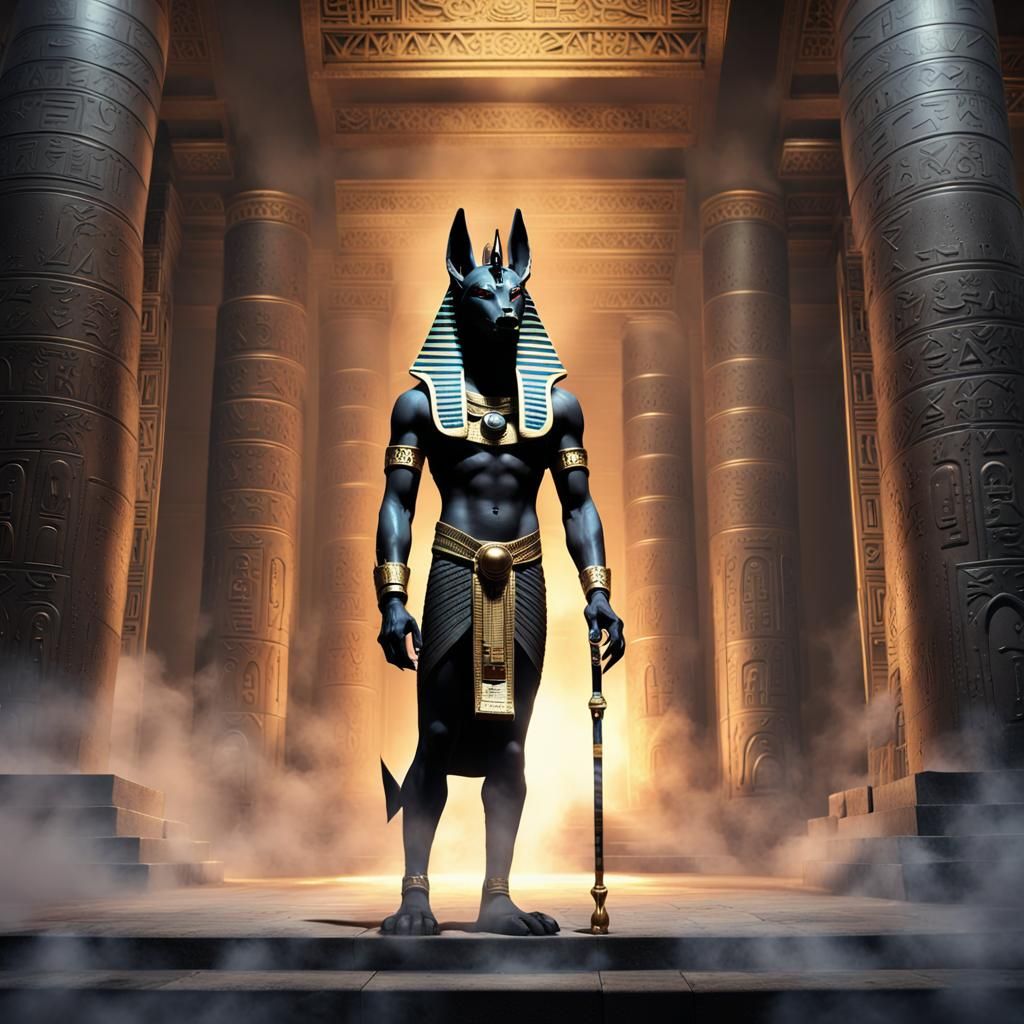 Anubis in Smoky Temple: Dark Fantasy Artwork