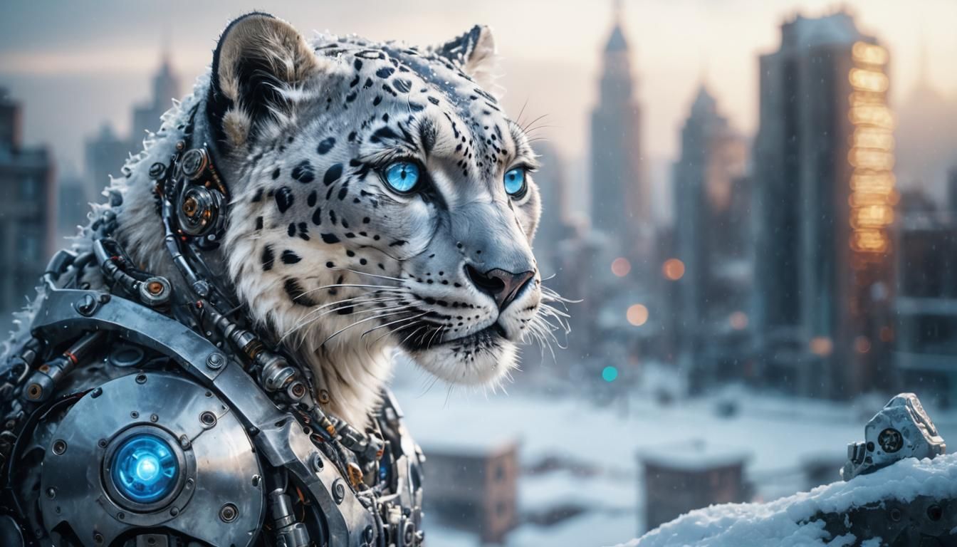Cyborg Snow Leopard Portrait in Steampunk City