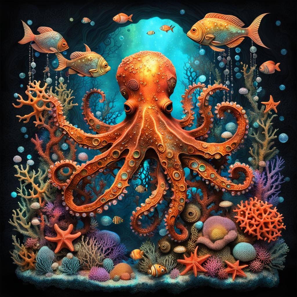 Steampunk Coral Reef with Octopus and Fish