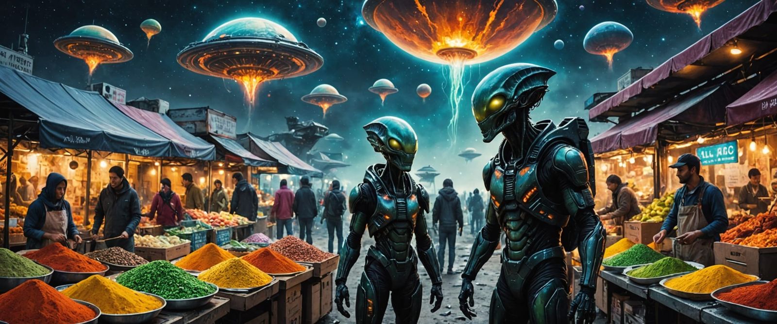 Alien Night Market Watercolor Illustration