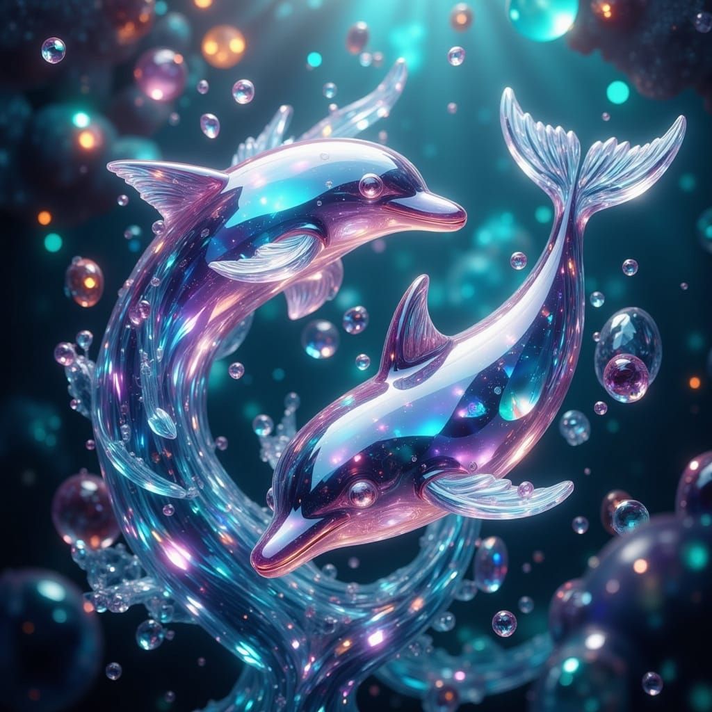 Iridescent Glass Dolphins Swim in Stylized Ocean