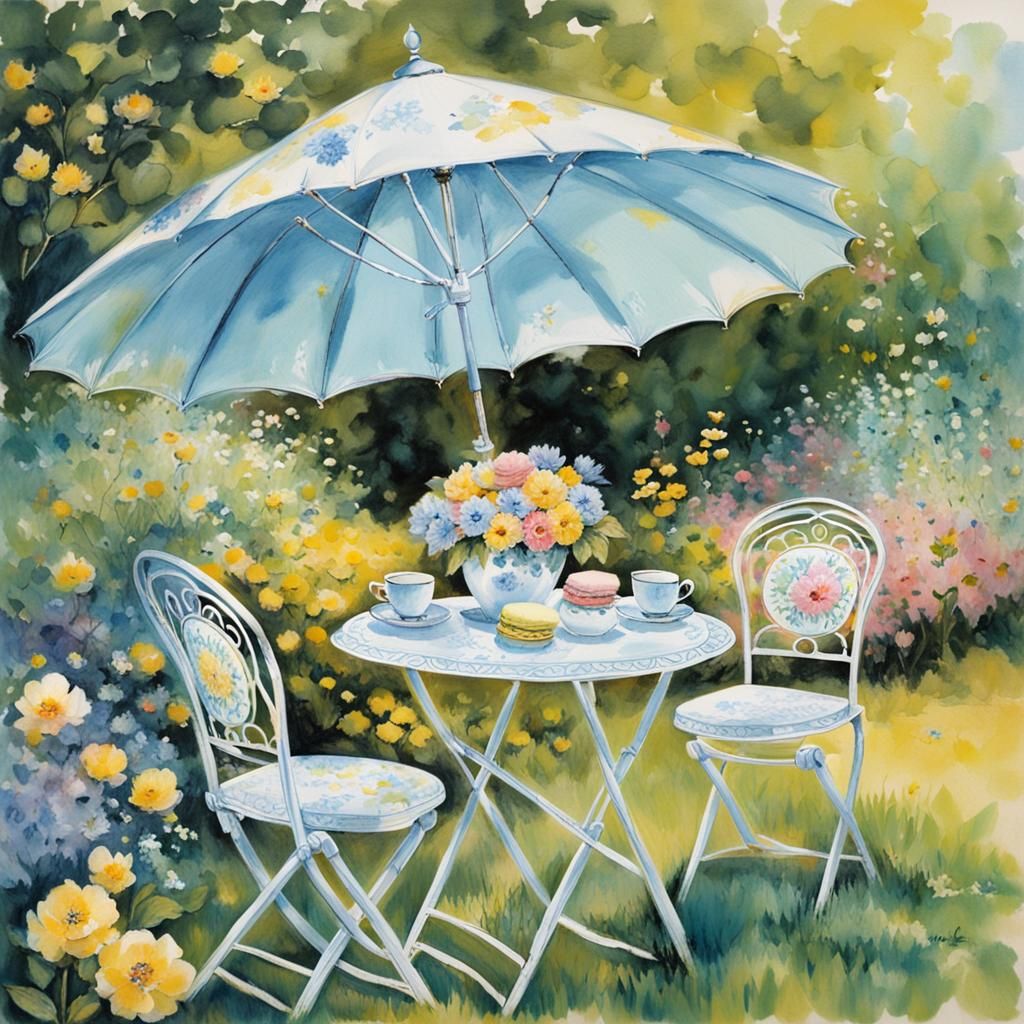Pastel Tea Party in a Flower Garden: Detailed Digital Painti...