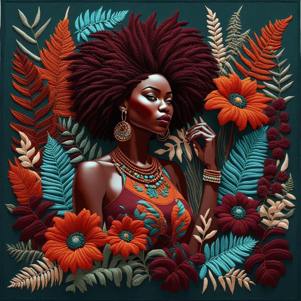 Afrocentric Embroidery of Woman with Flowers
