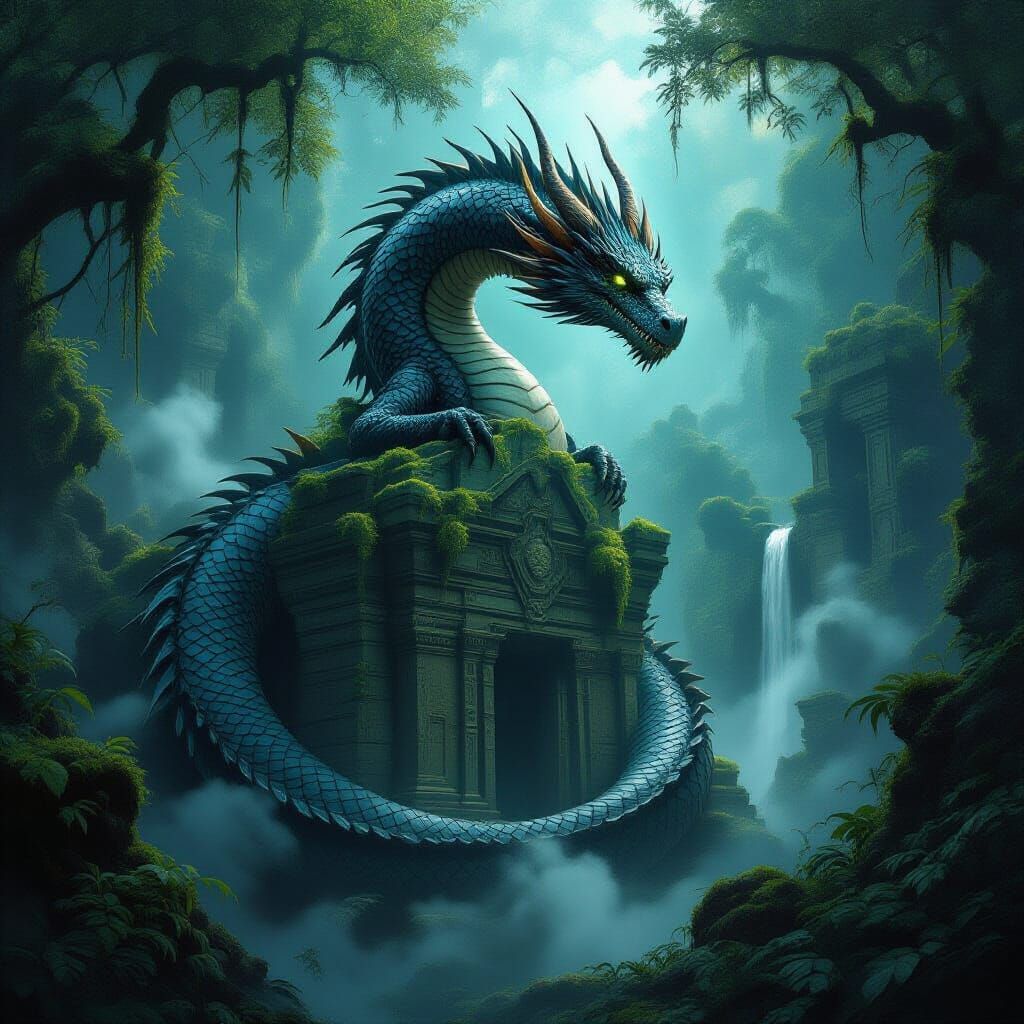 Majestic Obsidian Dragon Coiled Around Ancient Jungle Ruin