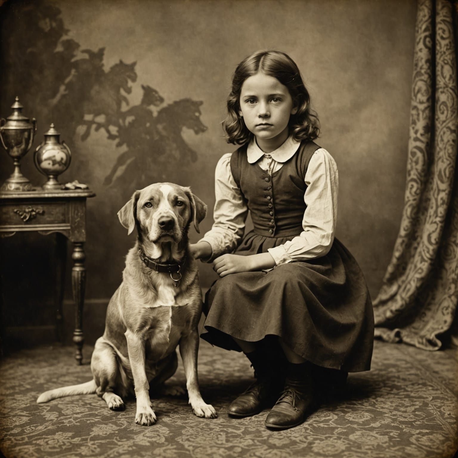 Girl with Pet in Sepia Vintage Photo