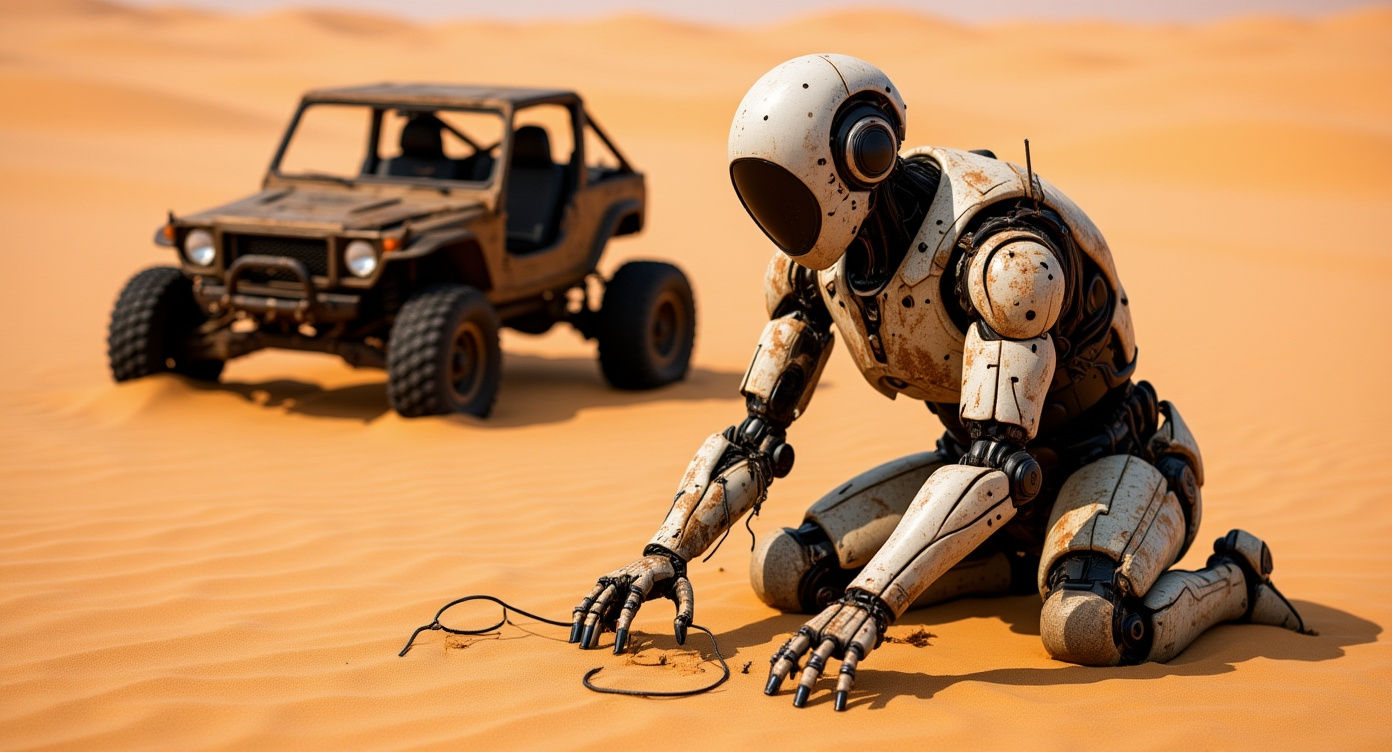 Robot Survivor on Oiled Beach After Catastrophe