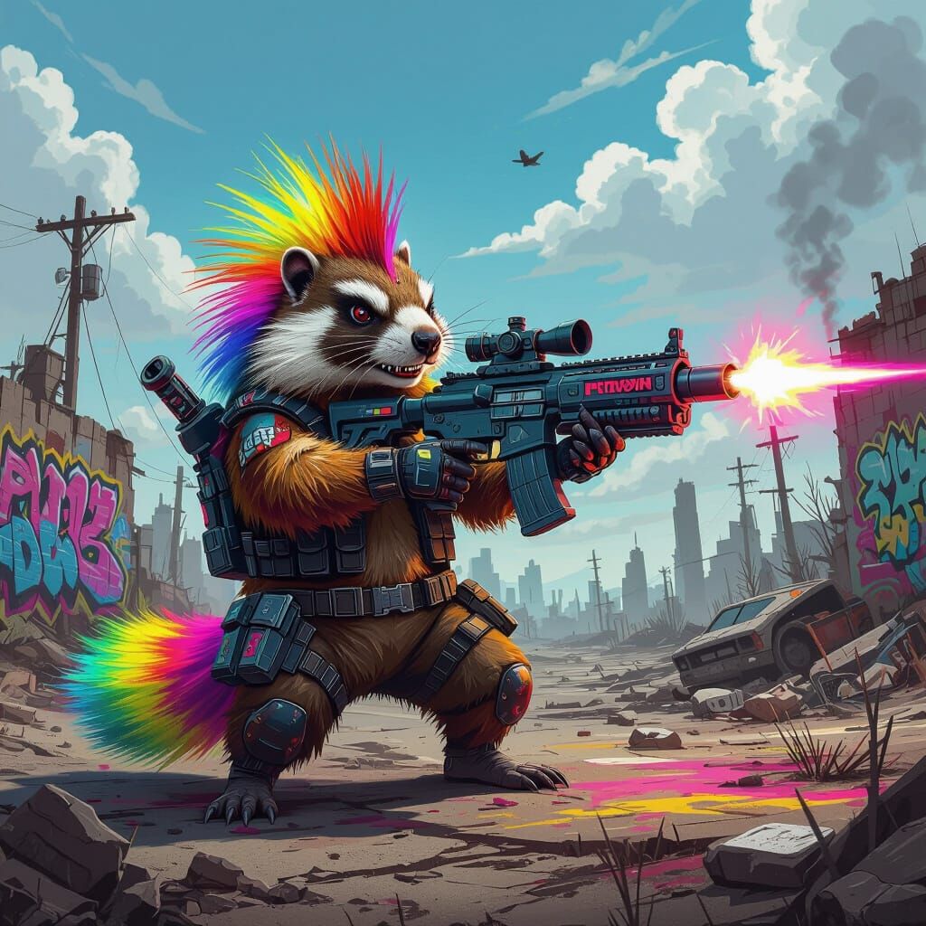 Punk Groundhog with Rainbow Mohawk and Laser Gun in Wastelan...