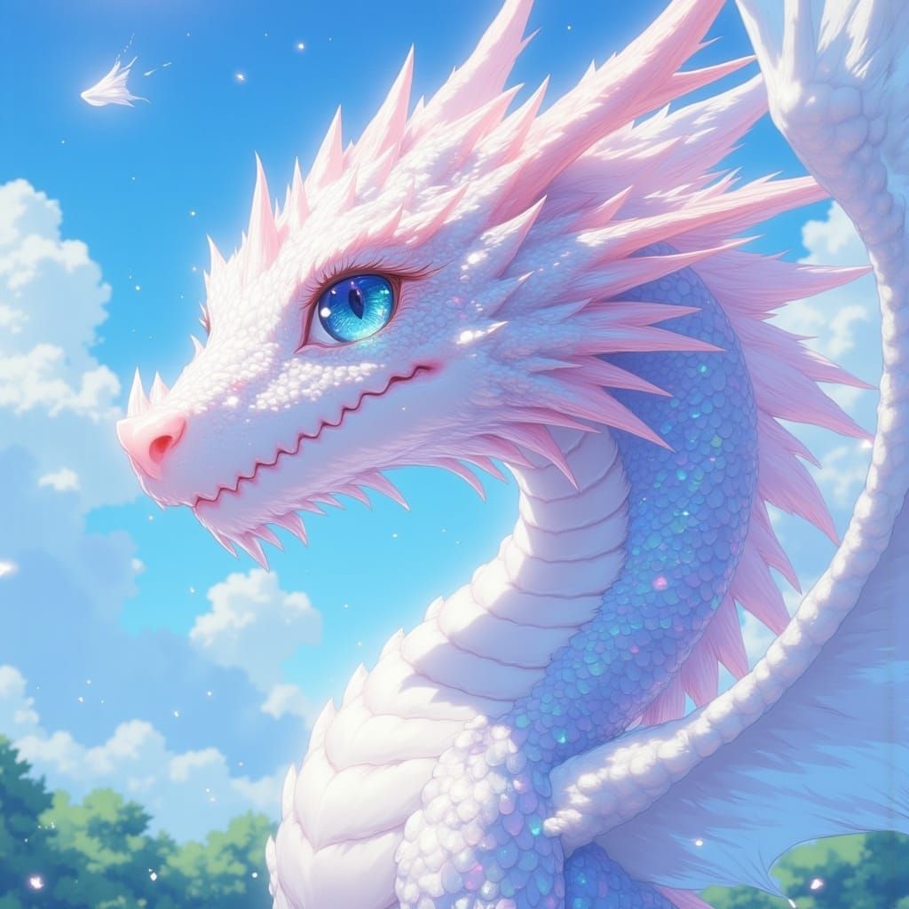Anime Dragon Radiates Ethereal Light in Vibrant Summer Sky